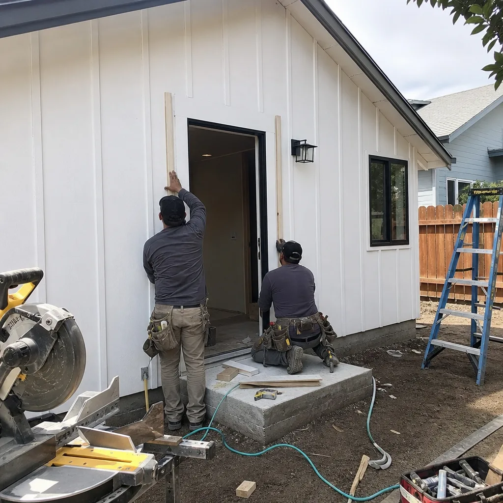 Contractors installing door trim on a newly built modern white ADU