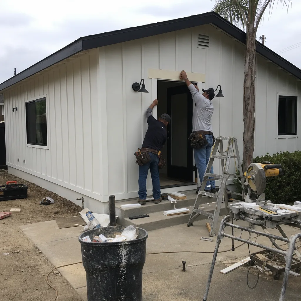 Two construction workers installing exterior trim on a modern ADU