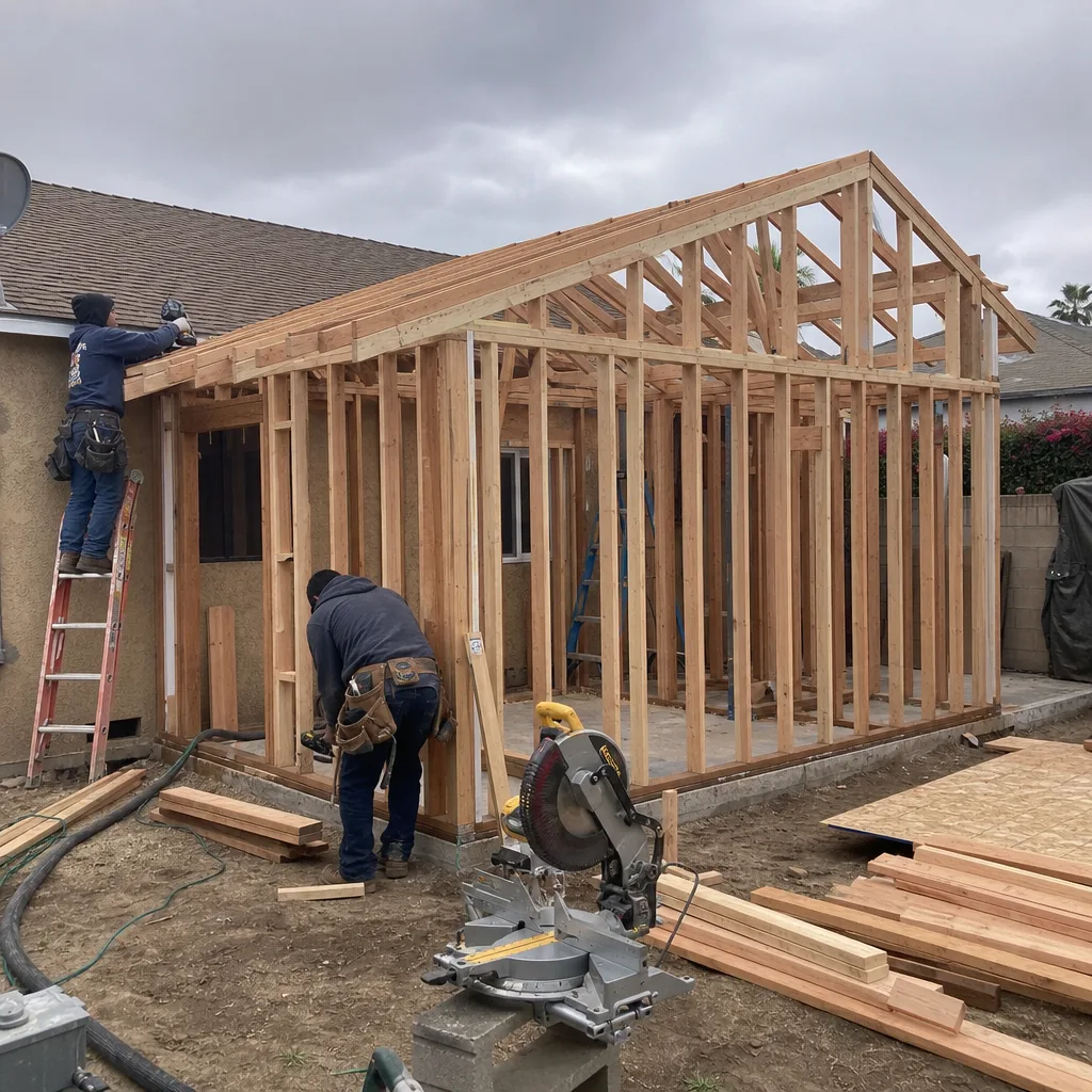 Professional contractors framing a wooden residential home addition structure