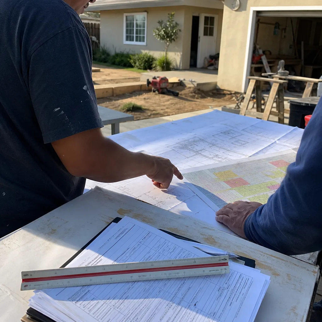 Contractor reviewing room addition architectural plans on a job site