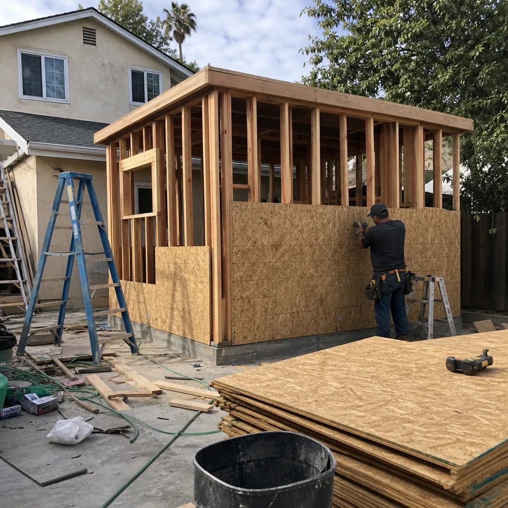Contractor installing plywood wall sheathing on a new backyard home addition