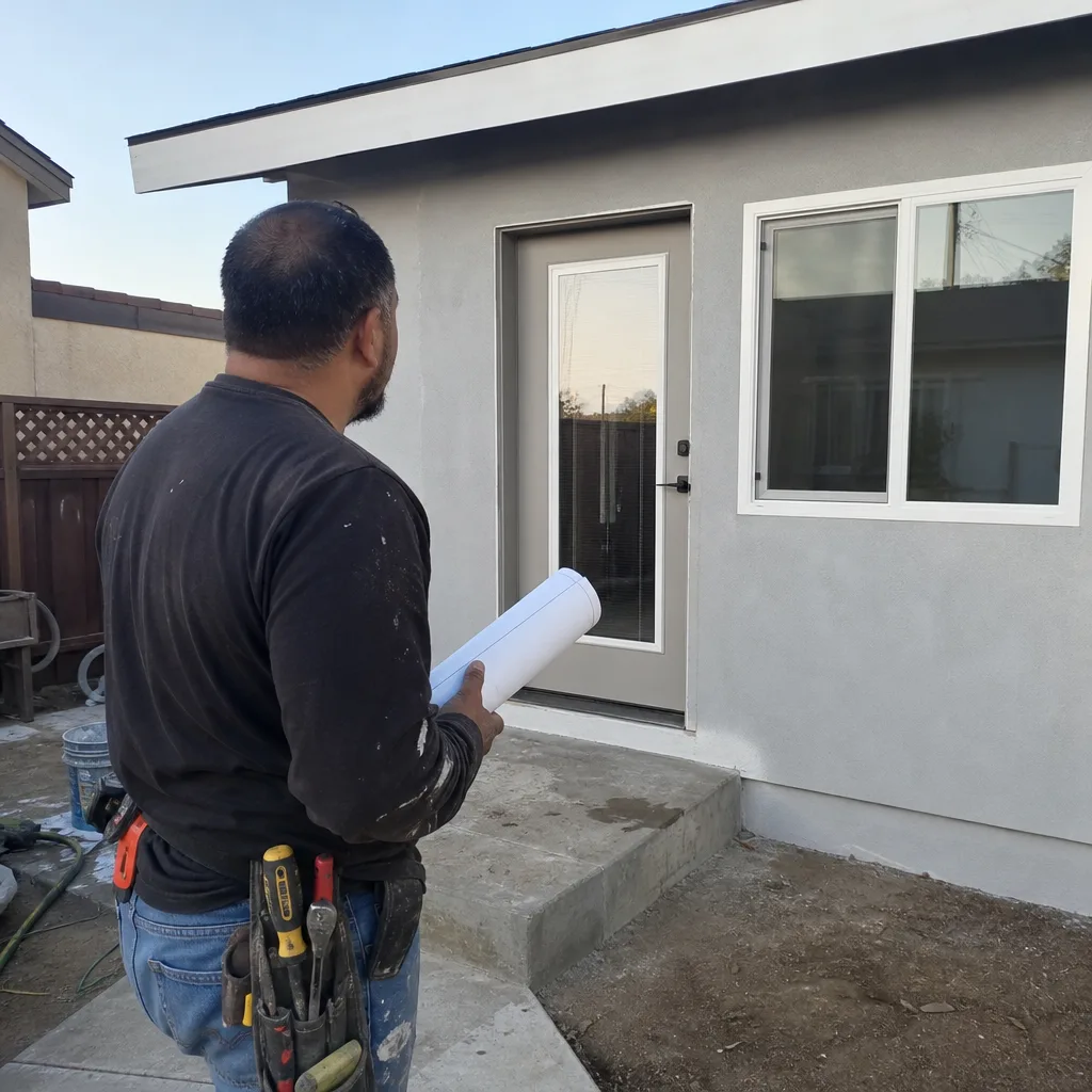 Contractor holding blueprints in front of a newly constructed modern ADU
