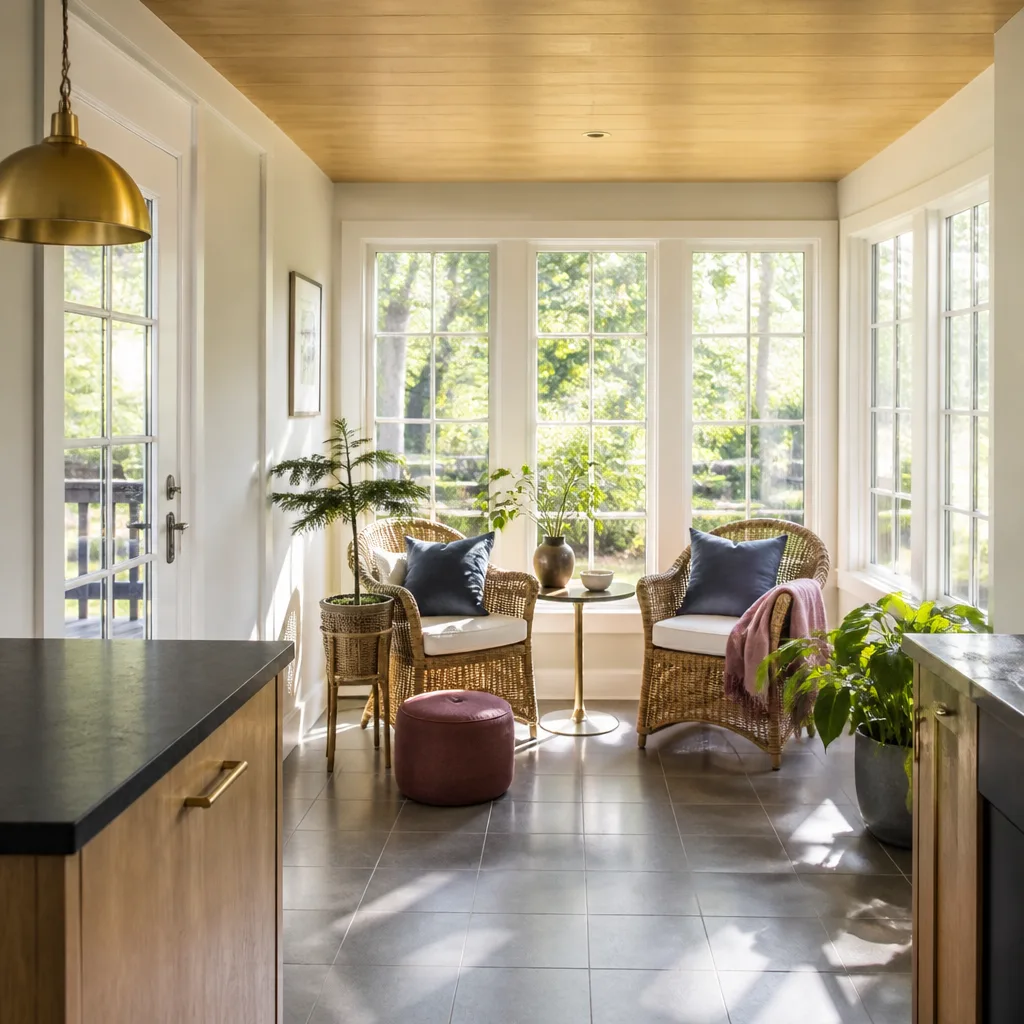 A new sunroom addition with three walls of windows