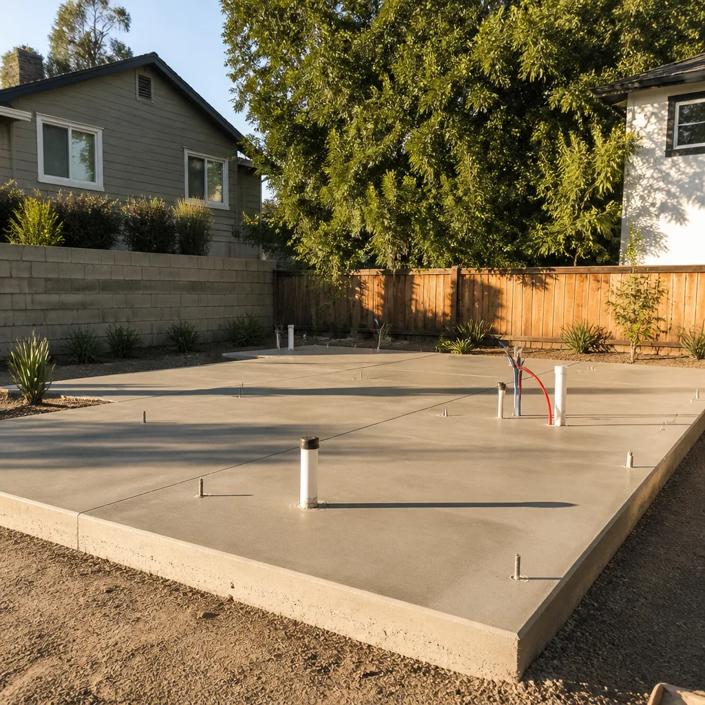 A fresh concrete slab for a backyard ADU