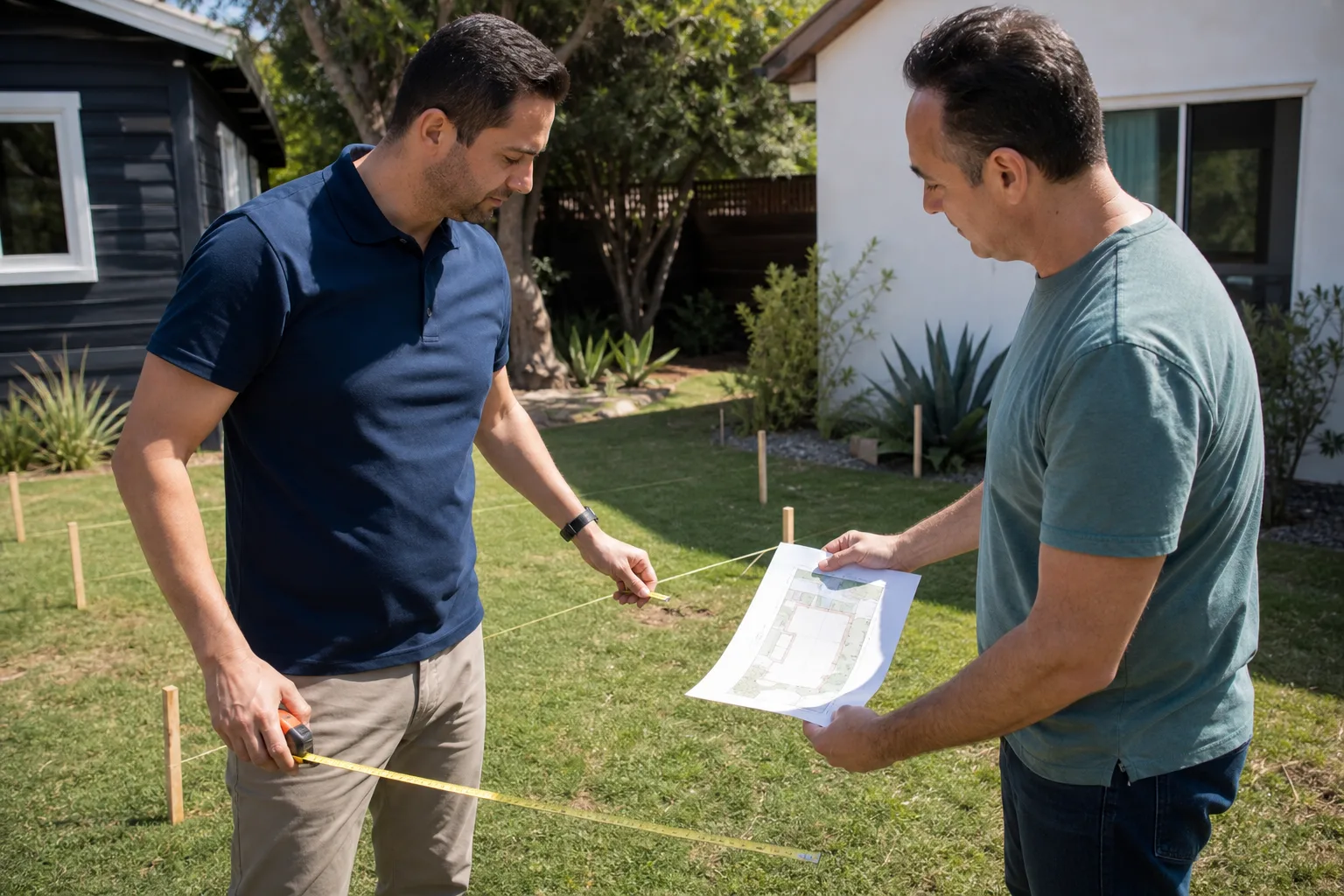 A project lead measuring a backyard ADU site with the homeowner