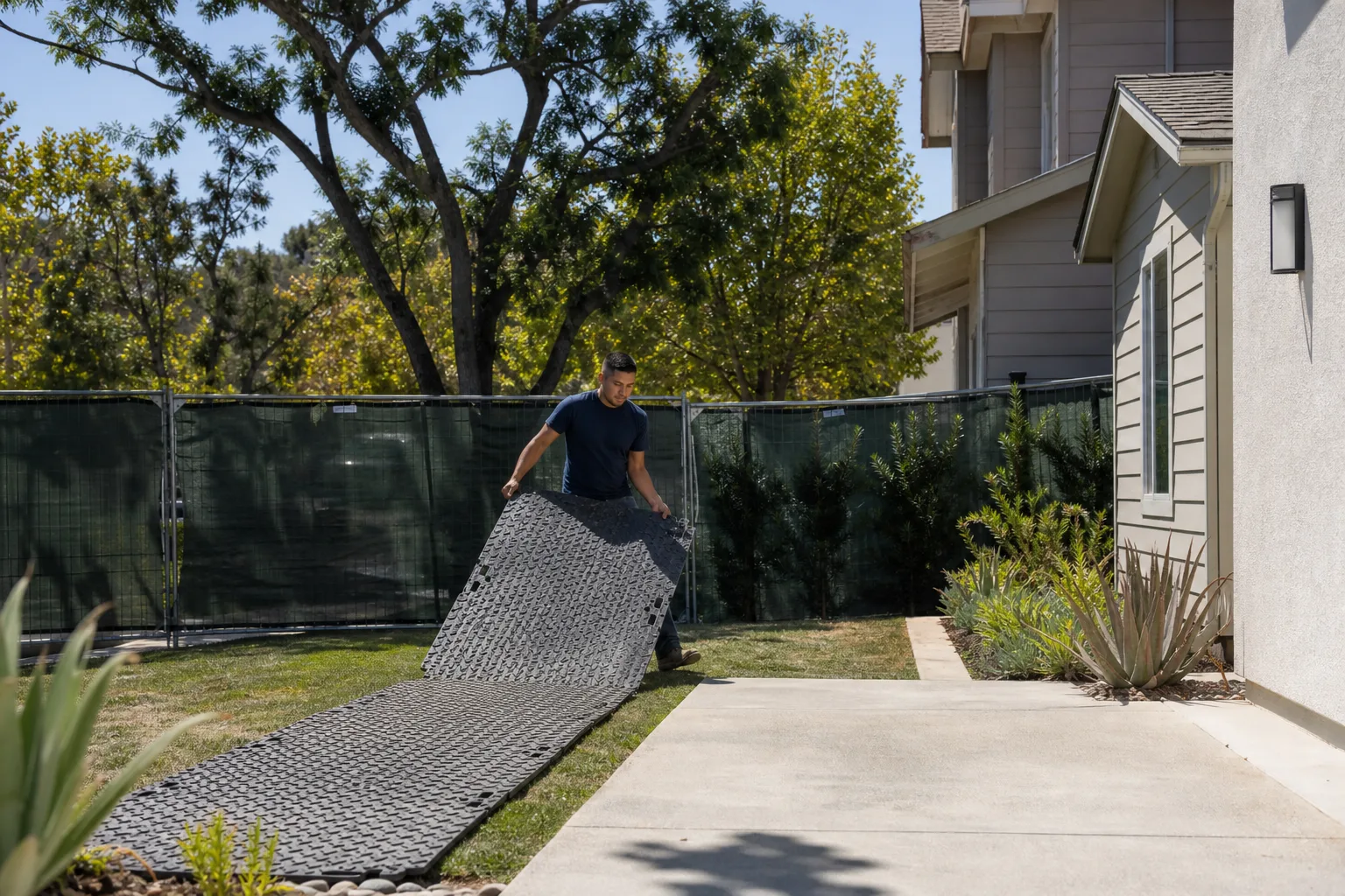 A worker protecting the lawn before an ADU build starts